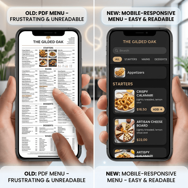 A side-by-side comparison of a frustrating PDF menu vs a clean, mobile-responsive text menu