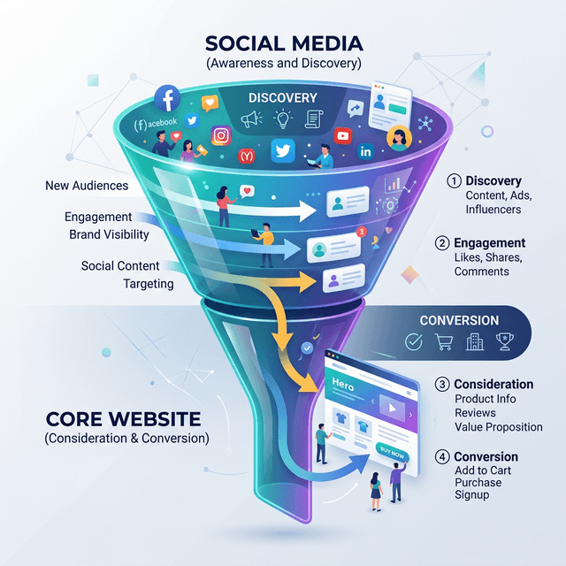 A diagram showing the marketing funnel with social media at the top and the website at the bottom.