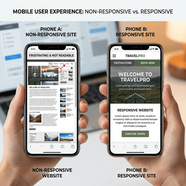 Comparing a frustrating, zooming-required mobile site vs a seamless, responsive mobile site where everything scales perfectly.