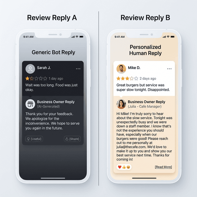 A side-by-side comparison showing generic bot-like replies vs a detailed, value-driven reply from an owner.