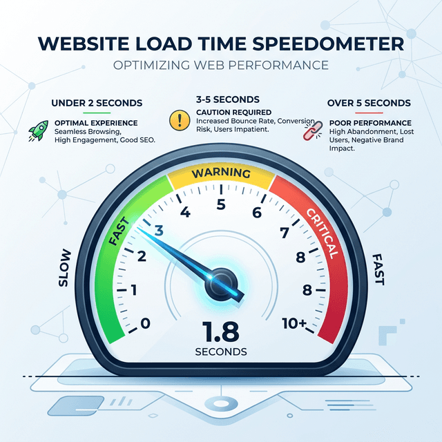 A speedometer infographic showing typical load times.