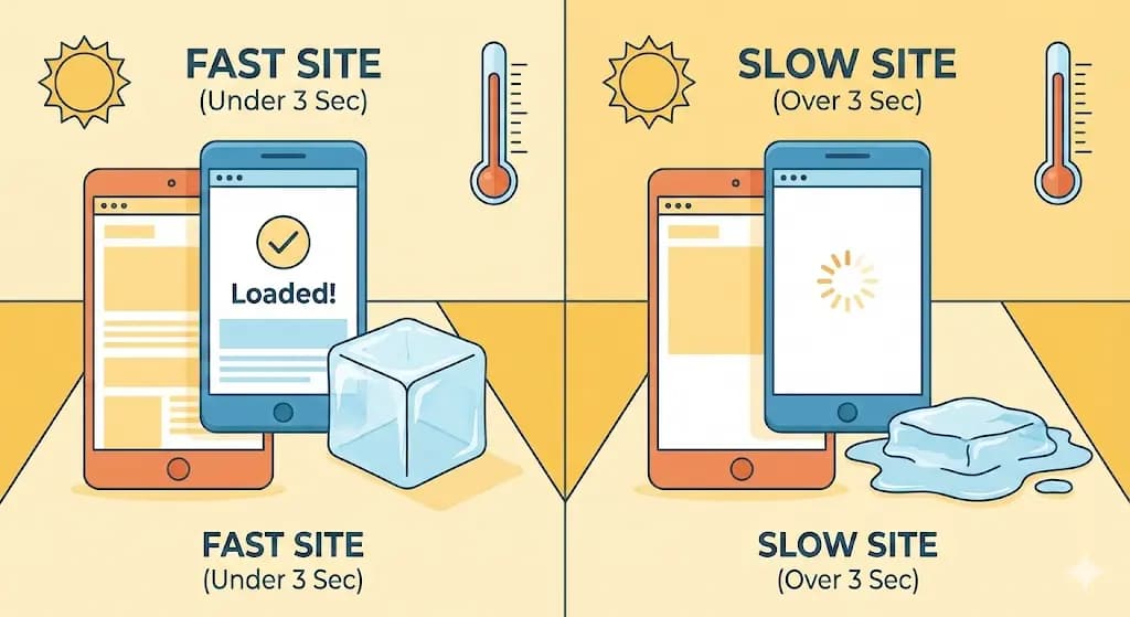 Fast site vs slow site comparison - an ice block stays solid on a fast site but melts completely on a slow site